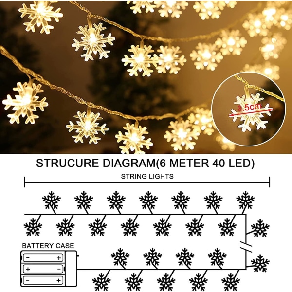 Julelys, snøfnugglys, 6M 40 stk batteridrevne LED-eventyrlys, for innendørs soveroms bryllupsfest hage