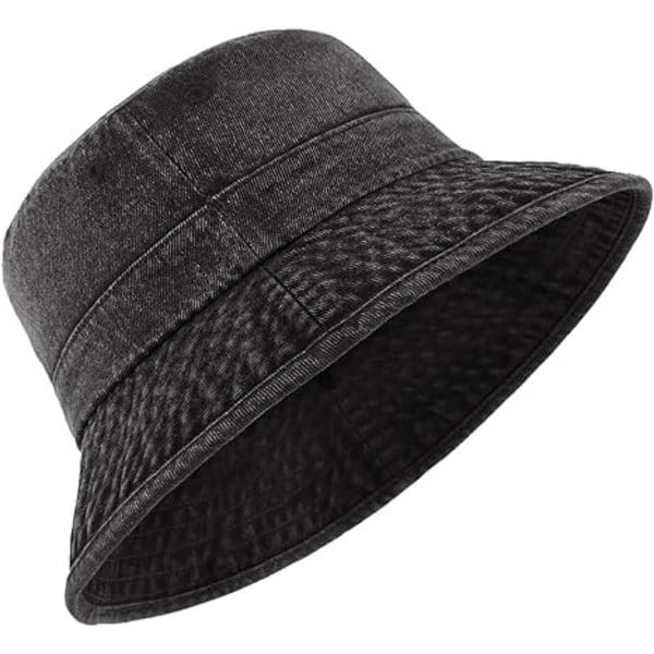 Denim Bucket Hatt för Stora Huvuden, Vintage UV Solhattar med Bred Brätte Stor Storlek, Sommar Trädgårdshatt Resehatt Svart black
