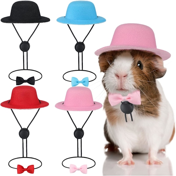 4 Sets 8 Pieces Guinea Pig Clothes Small Animal Bow Ties Pet Hats Outfit Suit Cosplay Cool Kawaii Pet Black Hat for Hamster Cat Rats Puppy Kitten