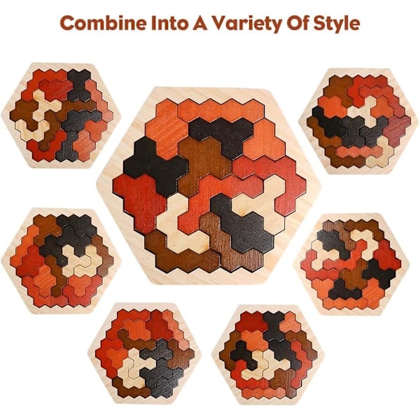 Trähexagonpussel för barn och vuxna, färgglada formpussel Tangram Brain Teaser Leksak Geometri Logik IQ Spel Gåva för barn i alla åldrar