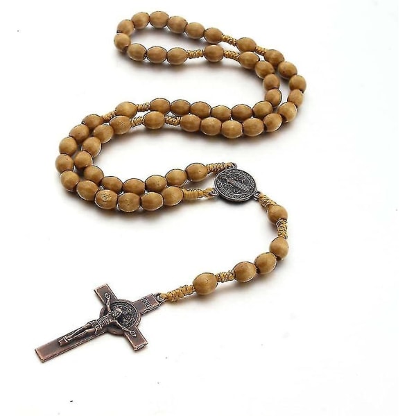 Katolsk kors rosenkrans halskæde, naturtræ bedeperler med medaljekors (lysebrun)/åå fe Light Brown