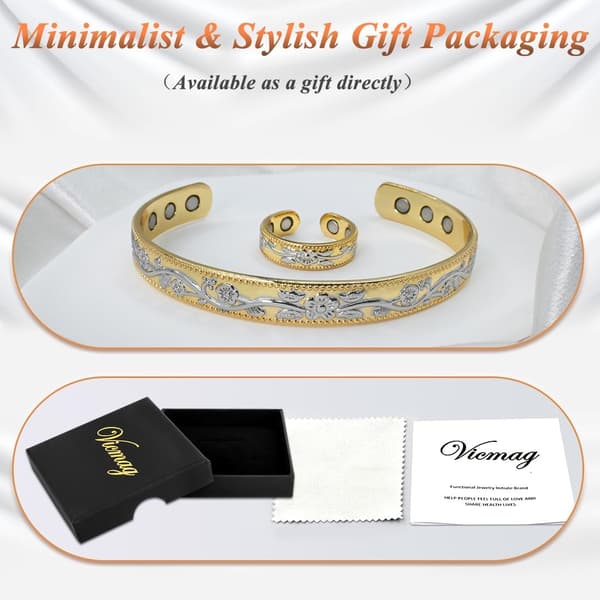 Kopparmagnetisk för kvinnor män Ultra Strength Magnets 99,99% Solid Pure Copper Cuff Bangles Magnetic Field Therapy (Guld & Silver Blomma)