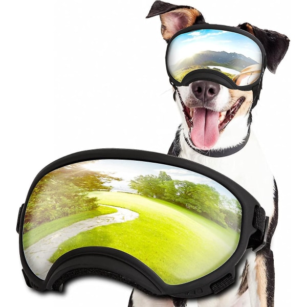 Koiran suojalasit säädettävällä hihnalla, UV-suojalla tuulen- ja pölynpitävät koirien aurinkolasit suurille ja keskikokoisille koirille Black Frame-Silver Lens