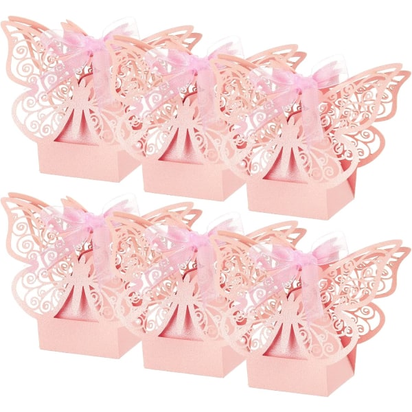 50 stk. Butterfly Dragee-eske til jentedåpsdekorasjon, Nattverdsdragee-eske med bånd, Inneholder Bryllupsdragee, Candy Box