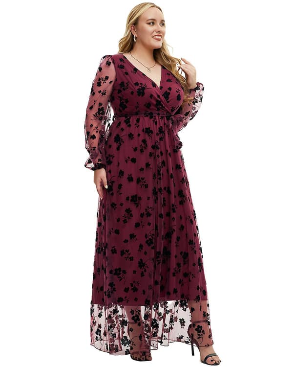 Kaxidy Damklänningar Plus Size Elegant Långklänning Broderad Balklänning Meshklänning Vinröd Red 3XL