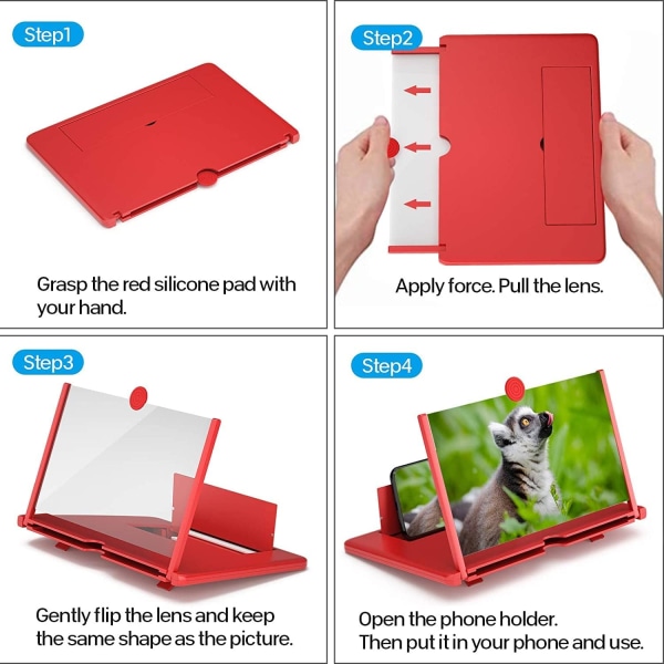 12 tommer 3D bærbar forstørrelsesglas, med foldbar telefonholder forstørrelsesglas Skærmforstørrer telefonprojektor til alle HD-smartphone-skærmforstærkere (rød)
