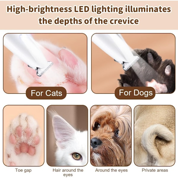 Hundklippare för hundtassar, tyst tass-trimmer med LED-lampa, vattentät tassrakare, tasstrimmer för hundar, katter, tassar, ögon, ansikte, kropp