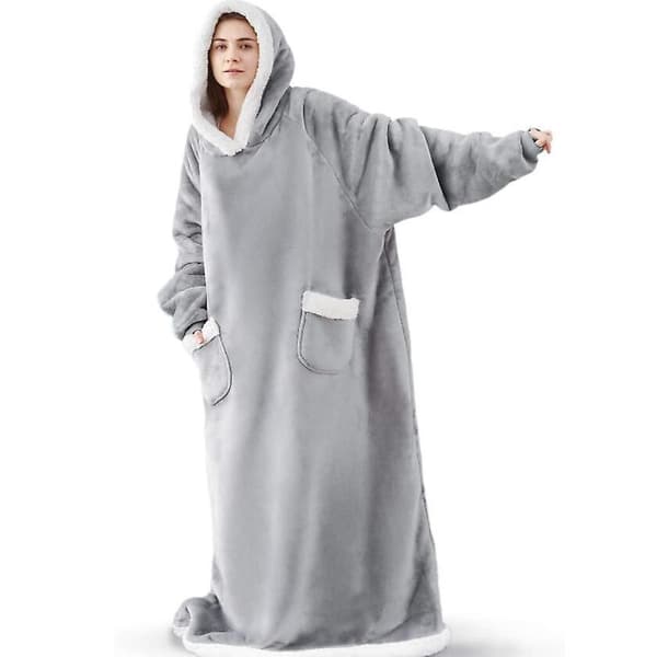 Vintervarm ekstra lang hætte-tæppe plaid fleece voksne badekåbe varm hætte-pullover julegave stil04 Gray S (120 length)