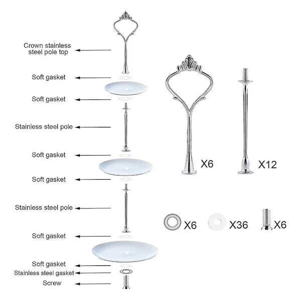 6-delt hardware sæt til kageholdere 3-lags kageholder montering hardware holder til bryllup og fest Gratis fragt + overlegen kvalitet