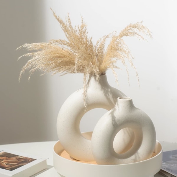 Dekorativ keramikkvase, beige moderne kunst Vase med rund form Håndlagde tørkede blomster Håndlagde vaser til hjemmekontordekorasjon (M)