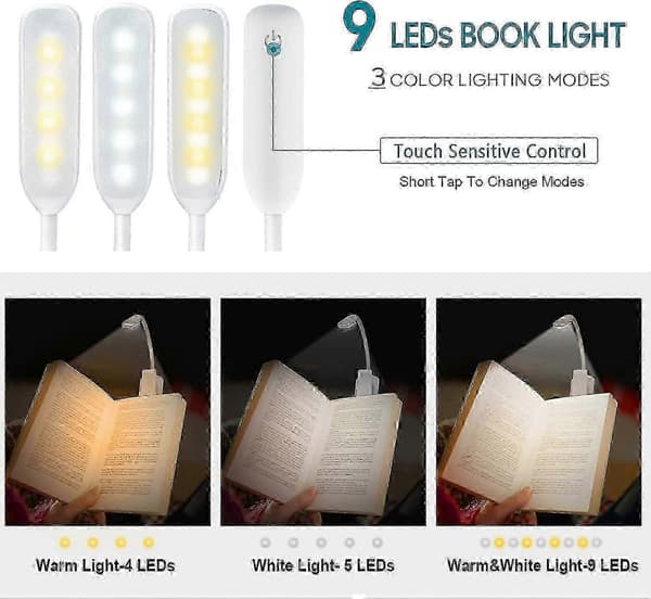 Oppladbare LED-leselys - 9 LED-er 3 lysstyrkemoduser (kaldhvit/varmgul)