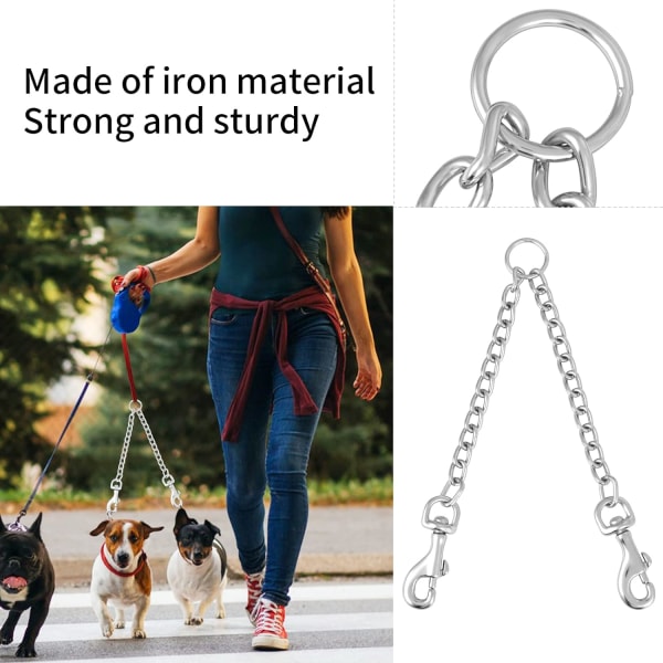 Dobbelt metal hundesnor, holdbar kæde anti-tygge, anti-tangle, dobbelt forlængelse til 2 små hunde til gåture (40 cm)