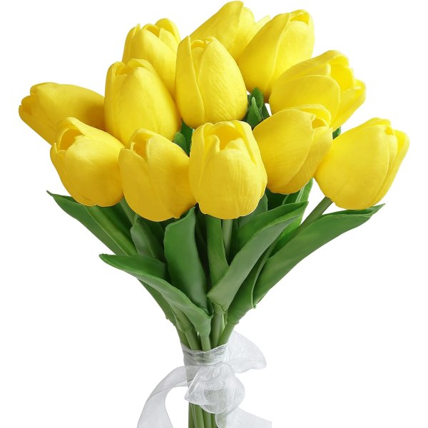12 stk Gul kunsttulipan, kunstige lateksblomster, kunstig blomsterbukett, falske tulipaner av høy kvalitet, kunstige blomster