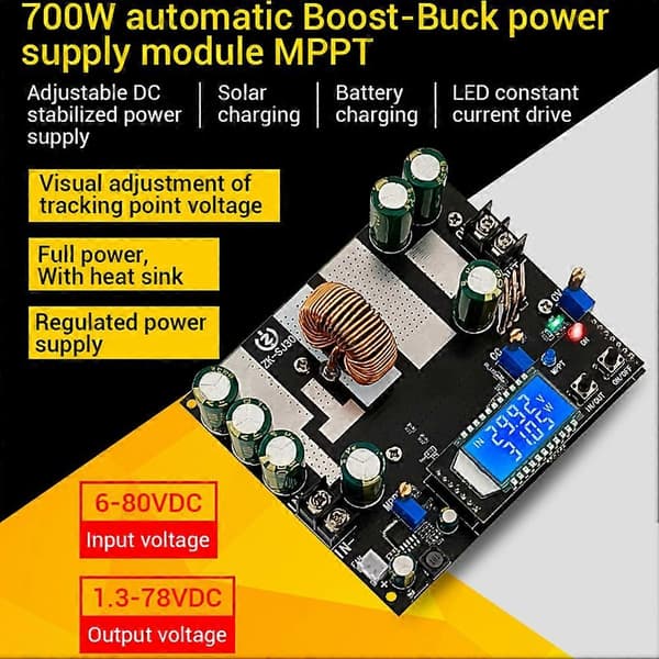 ZK-SJ30 700W Synkron Likretting 30A Automatisk Buck-Boost Strømmodul Solcellelading MPPT, med Display Black