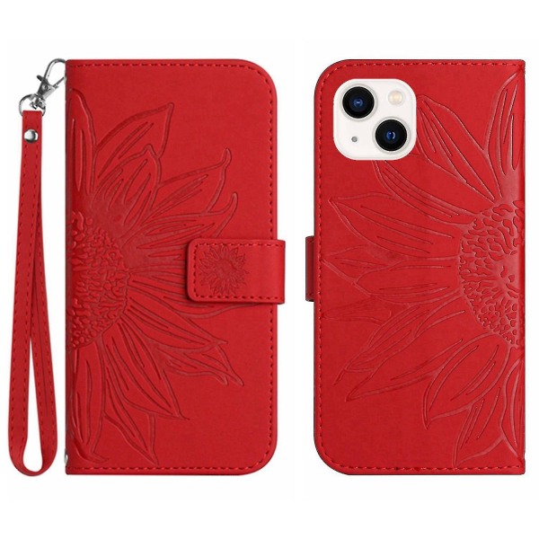 Käännettävä phone case Iphone 14 Plus, Ht04 painettu auringonkukan katselujalusta Pu nahkainen ihoa koskettava magneettinen lompakon cover hihnalla Red