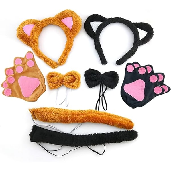 2 sæt Kattedyrskostume, Katte-Cosplay-plyssæt med katteører, hale og sløjfeklohandsker til Halloween-kostume Dyrerollespil