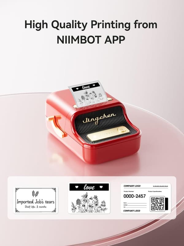 B21 Mini termisk etikettskriver uten blekk, kompatibel med iOS og Android, for hjemmeorganisering, bedrift, strekkoder, QR-kode, med 1 Rosso