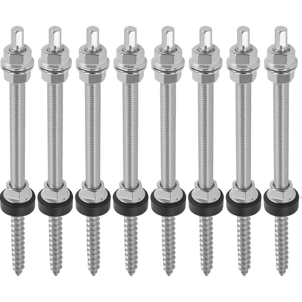 Dubbelskruvar, M10 x 200 mm, förmonterade, V2A, höjdjusterbara, för solcellsmontering på tak, 8-pack Silver