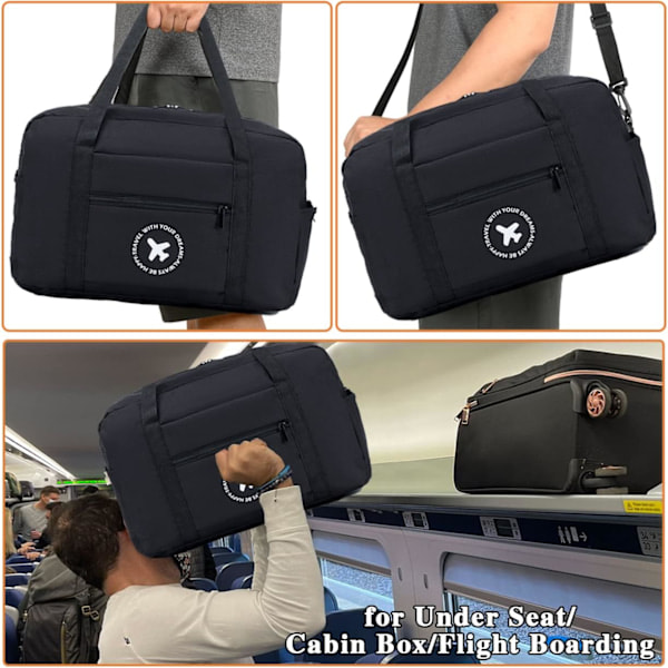 2-pack kabinväska 40x20x25 Resväska Vikbar Under Sätet Vattentät Weekendväska Lätt Handbagage med Axelrem, Svart＋Grå