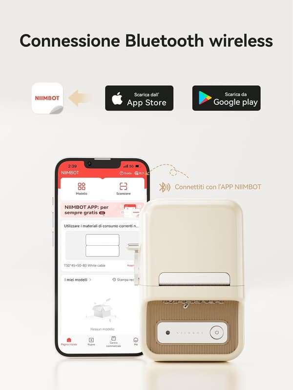 B21 Bluetooth Label Printer with Labels, Versatile App with 120 Fonts and Over 1600 Icons, Label Width 20-50mm Biancobeige