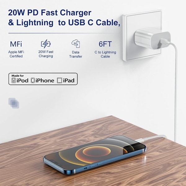 2-pakning - Lader for iPhone - Hurtiglader - Adapter + Kabel 20W Hvit en one size iPhone 2-Pack iPhone（NT） 2-Pack 2-Pack iPhone