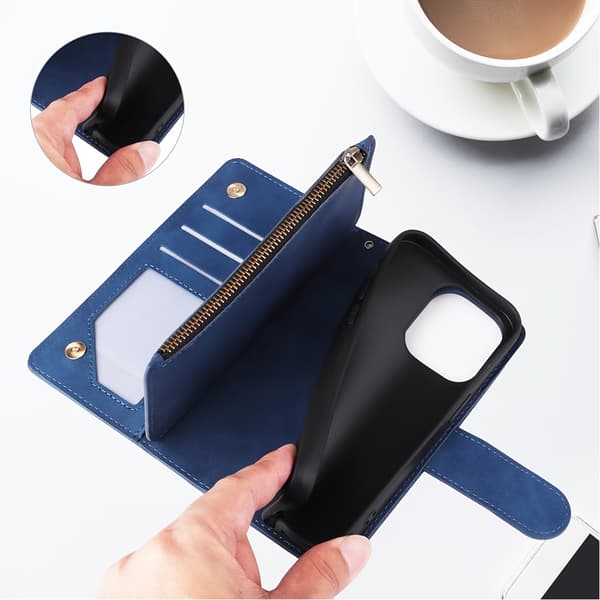 Plånbok med dragkedja PU Konstläder Telefonfodral Passar iiPhone 17 Pro Max Flip Magnetiskt Skal Blu-iPhone 17 Pro Max