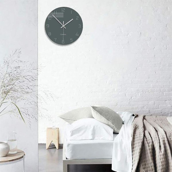 Køkken moderne vægur med tal, rundt væg dekorativt ur, lydløst, ikke-tikkende digitalt hængende glasur til stue/ 12 tommer - grå [f