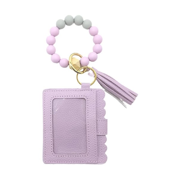 Wabjtam Purple Women Silicone Beads Key Ring Chain Wristlet Keychain Bracelet Leather Tassel, Bangle With Card Holder