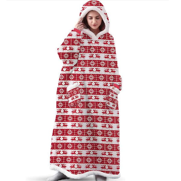 Vintervarm ekstra lang hætte-tæppe plaid fleece voksne badekåbe varm hætte-pullover julegave stil15 Red M (150 length)