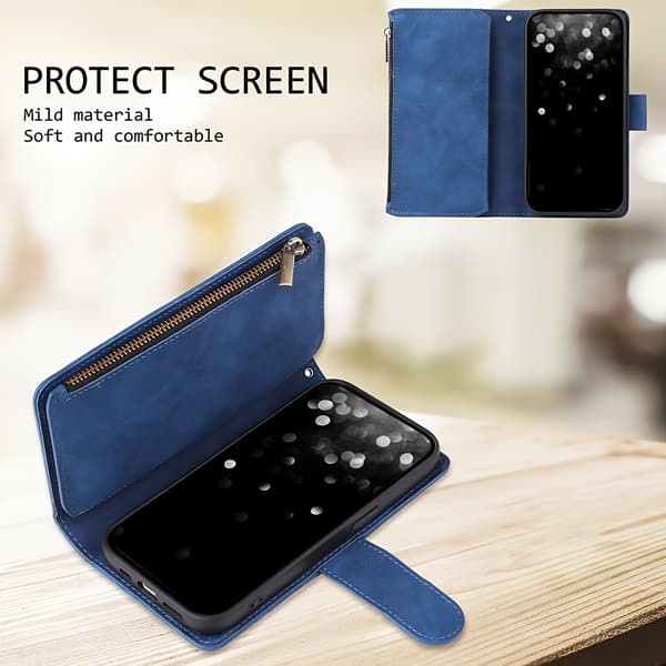 Plånbok med dragkedja PU Konstläder Telefonfodral Passar iiPhone 17 Pro Max Flip Magnetiskt Skal Blu-iPhone 17 Pro Max