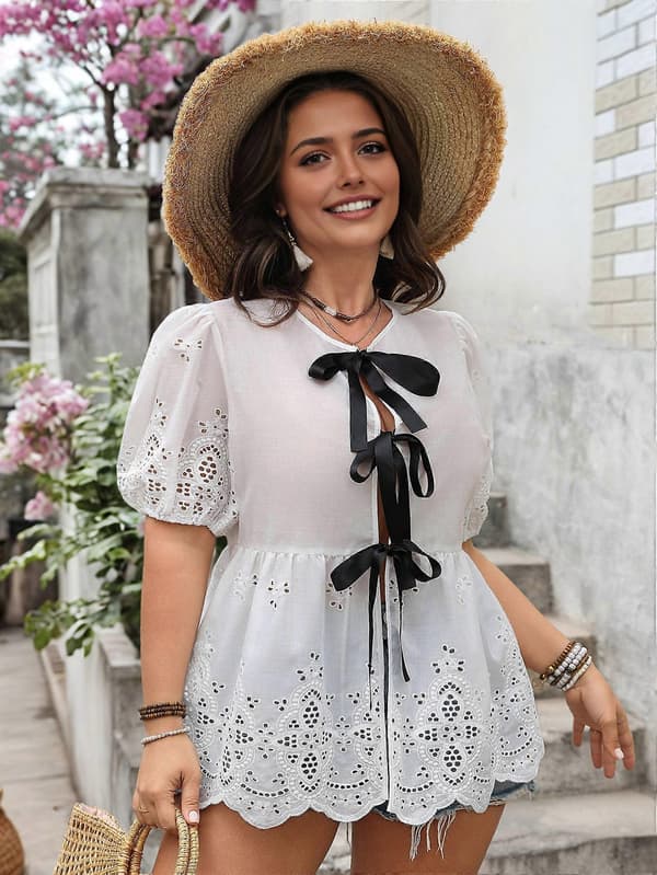 Dame sommertoppe søde boho bluser strandferie outfits bind foran broderede tøj hvid one size White One size