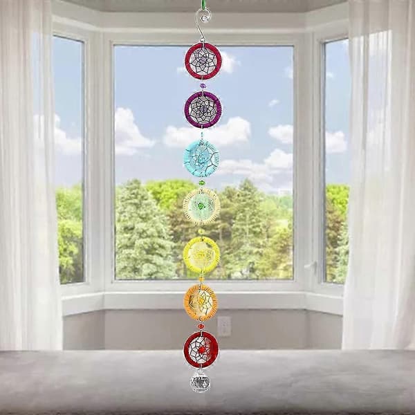 Chakra drømmefanger med 40 mm krystall lysekrone kuleprisme solfanger håndlaget