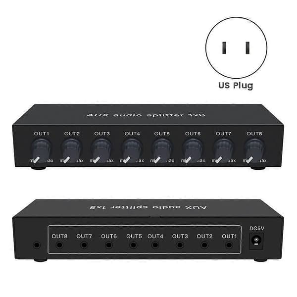 AUX lydsplitter multi hodetelefon lydsplitter forsterker stereo lydforsterker adapter hodetelefon splitter 1X8 US Plug Black Us plug