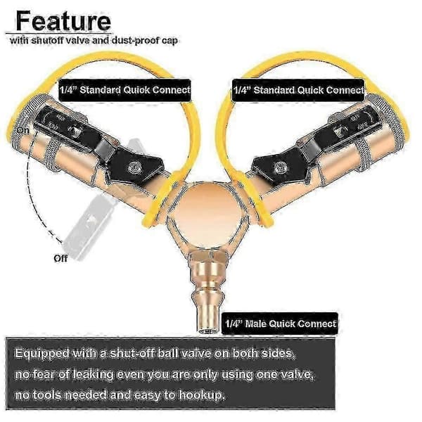 1/4 tommer autocamper propan hurtigforbindelse Y-splitter adapter med afspærringsventil fuld flow stik 2-vejs LP gas
