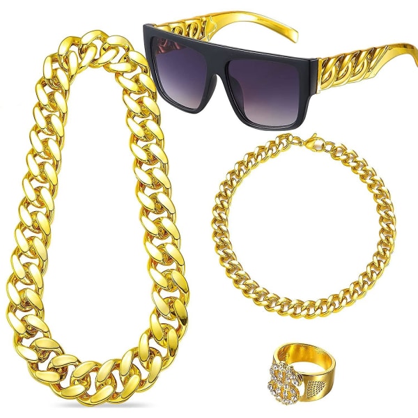 Hip Hop kostymesett for menn, rapper tilbehør Hippie kostymesett gullkjede dollartegn halskjede ring og svart gull solbriller antrekk diskokostyme
