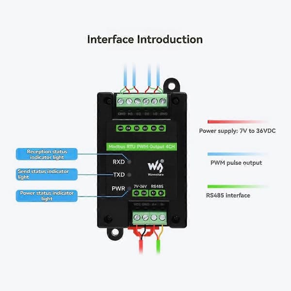 Waveshare Industriel 4-CH PWM Pulsudgangsmodul Modbus RTU Protokol RS485 Interface Justerbar Frekvens Svart
