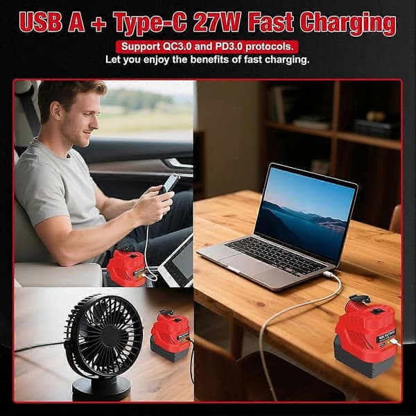 Til Milwaukee 18V til 12V Step-Down Converter Strømbatteriadapterhjul, til de fleste 12 Volt in-Vehicle enheder