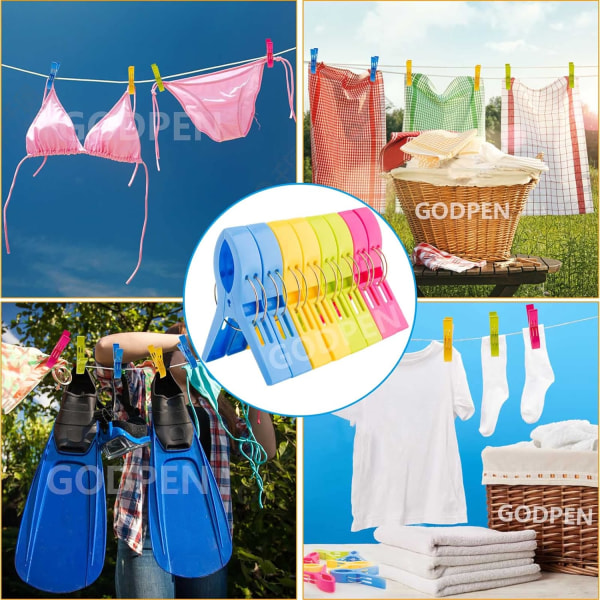 Pakk fargerike klesklyper i plast for badehåndklær, lenestoler, tepper, bassengstoler, cruise. Unngå at håndkleet ditt blåser bort
