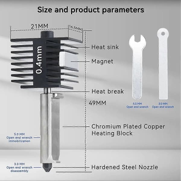 For Bambu Lab A1 Hotend Kit Erstatt dyse Bambulab A1 Hotend A1 Mini dyse Hot End-montering Skrivehode Herdet 0,4 mm