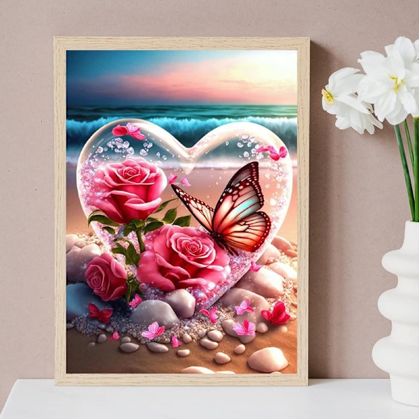 Blomster Hjerte Diamantkunstsett, 5D DIY Full Drill Havstrender Sommerfugler Diamantmaling, Krystallperlekunst for Hjemmeveggdekorasjon 30 x 40 cm