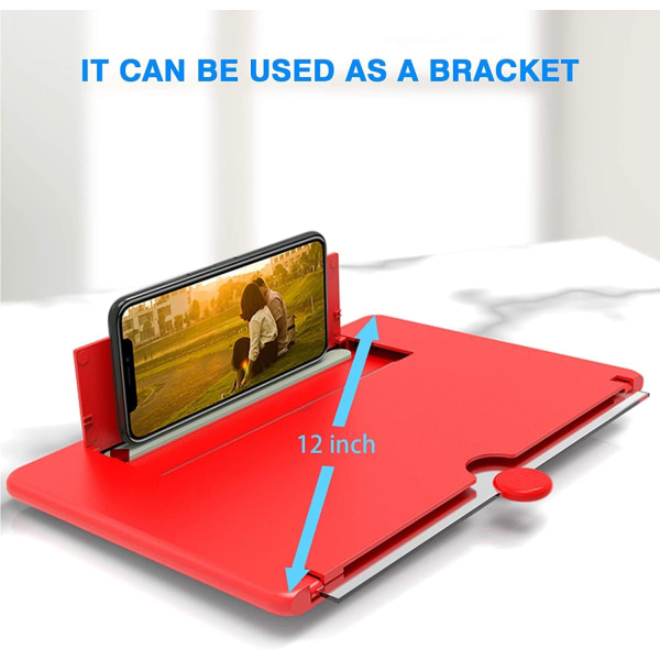 12 tuuman kannettava 3D-puhelimen suurennuslasi taitettavalla puhelinpitimellä suurennuslasinäytön suurentava puhelinprojektori kaikille HD-älypuhelimen näytön vahvistimelle (punainen)