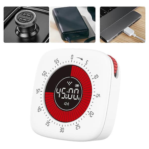 Visuell timer med alarm, opptelling, oppladbar, 60 minutters nedtelling White One Size
