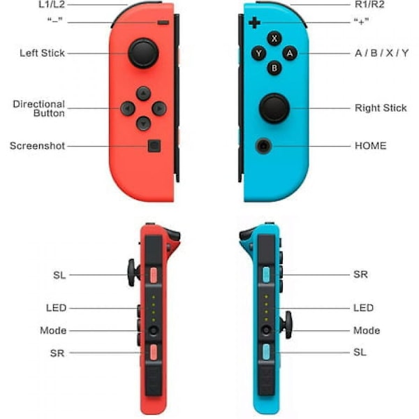 Spillkontroller (l/r) for Nintendo Switch-kontroller - Neonrød/neonblå trådløs spilljoypad