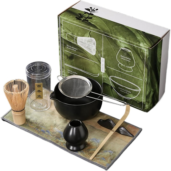 7 stk/sett matcha-sett, matcha vispsett inkluderer matchningsskål, bambusvispholder, matchasjal, teskop, skopeholder og tehåndkle, japansk te-sett svart Svart