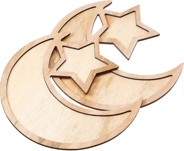 2 uppsättningar Ramadan träbricka månstjärna servis Eid Mubarak serveringsservis för frukost middag efterrätt bakverk displayställ dekoration prydnad