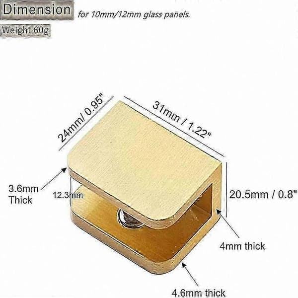 4-pack glasklämmor för 10 mm–12 mm glas, borrfritt guldhyllfästessystem