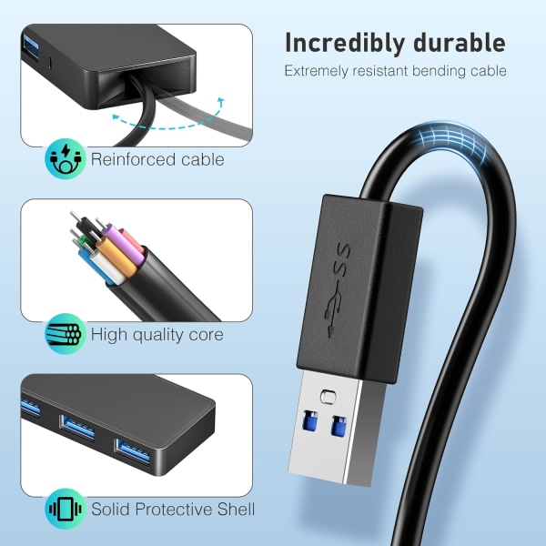 USB Hub, GlamPiece 4 Port Ultra Slim Hub USB 3.0 Data Hub, USB-distributør med 29 cm kabel, kompatibel med MacBook Air/Pro/Mini, USB-minnepinner