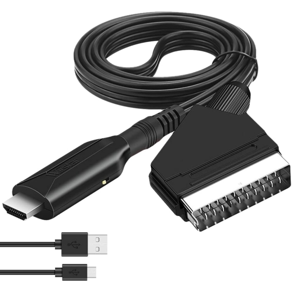 SCART til HDMI-konverter, SCART til HDMI-adapter med USB- og HDMI-kabler, støtte 720/1080P HD-konvertering, for HDTV Blu-Ray DVD-spiller