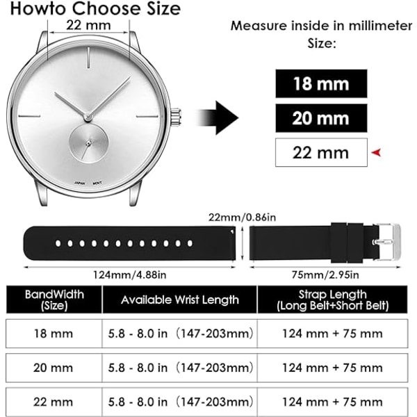 2 pakkauksen silikonikellon watch Vedenpitävät pikakiinnitys mustalla tai hopeisella ruostumattomasta teräksestä tehdyllä soljella, yhteensopiva watch urheilurannekkeiden kanssa (22 mm)