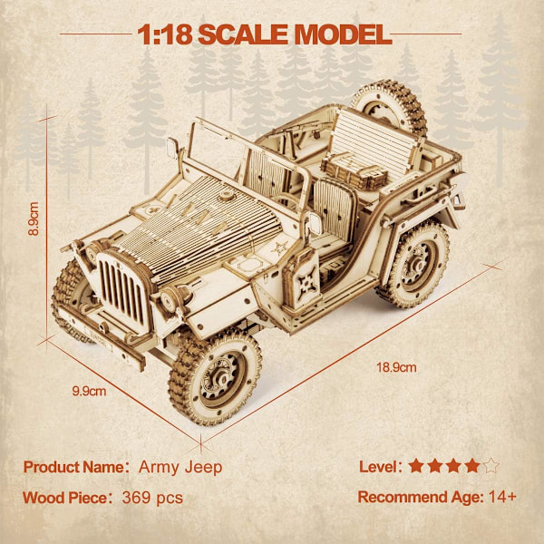 Bil Træmodel Kits til Byg - Modeller til Samling - 3D Puslespil Konstruktionssæt til Børn og Voksne (Tung Lastbil) Army Jeep